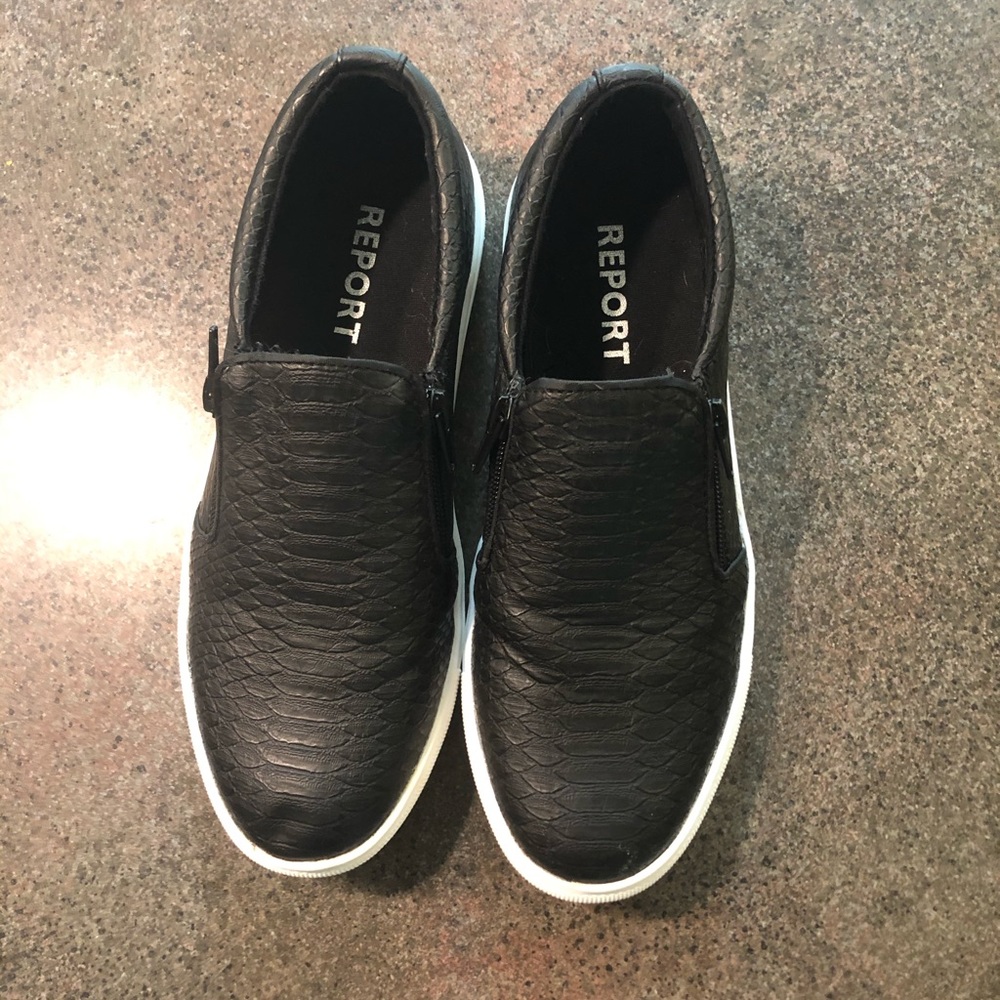 Report black slip on sneakers w zippers worn once